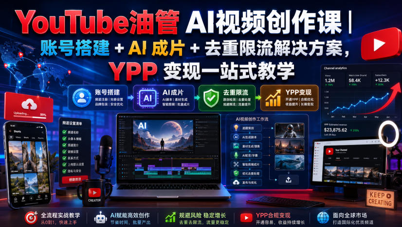 YouTube油管AI视频创作课|账号搭建+AI成片+去重限流解决方案,YPP变现一站式教学插图 YouTube油管AI视频创作课|账号搭建+AI成片+去重限流解决方案,YPP变现一站式教学插图
