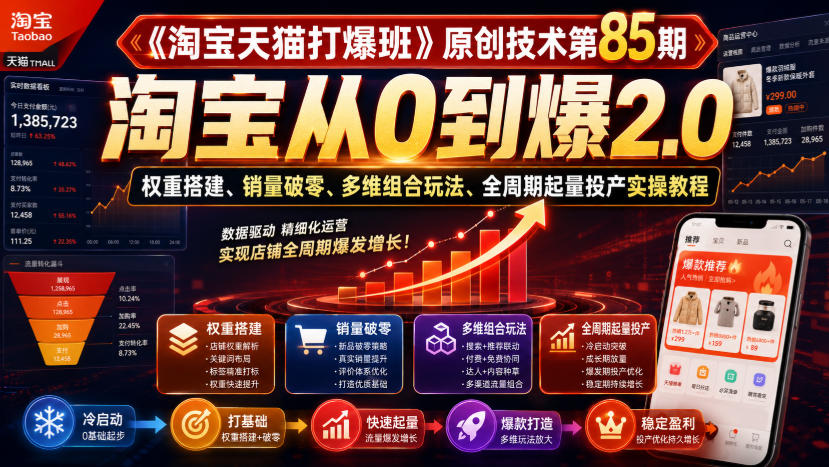 《淘宝天猫打爆班》原创技术第85期,淘宝从0到爆2.0,权重搭建、销量破零、多维组合玩法、全周期起量投产实操教程-网赚副业网