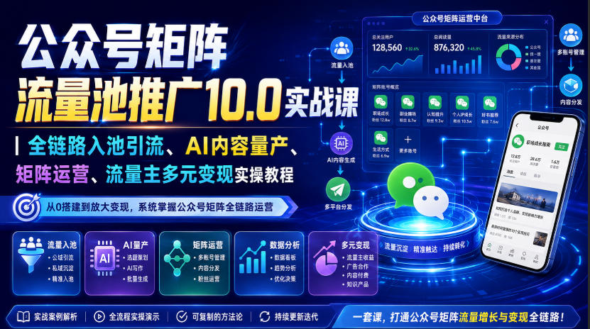 公众号矩阵流量池推广10.0实战课|全链路入池引流、AI内容量产、矩阵运营、流量主多元变现实操教程-网赚副业网