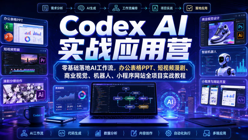 Codex AI实战应用营|零基础落地AI工作流,办公表格PPT、短视频漫剧、商业视觉、机器人、小程序网站全项目实战教程插图 Codex AI实战应用营|零基础落地AI工作流,办公表格PPT、短视频漫剧、商业视觉、机器人、小程序网站全项目实战教程插图