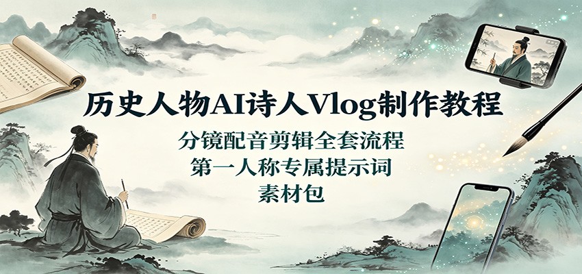 历史人物AI诗人Vlog制作教程：分镜配音剪辑全套流程，第一人称专属提示词素材包-网赚副业网