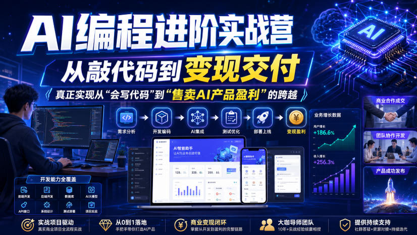 AI编程进阶实战营,从敲代码到变现交付,,真正实现从“会写代码”到“售卖AI产品盈利”的跨越插图 AI编程进阶实战营,从敲代码到变现交付,,真正实现从“会写代码”到“售卖AI产品盈利”的跨越插图