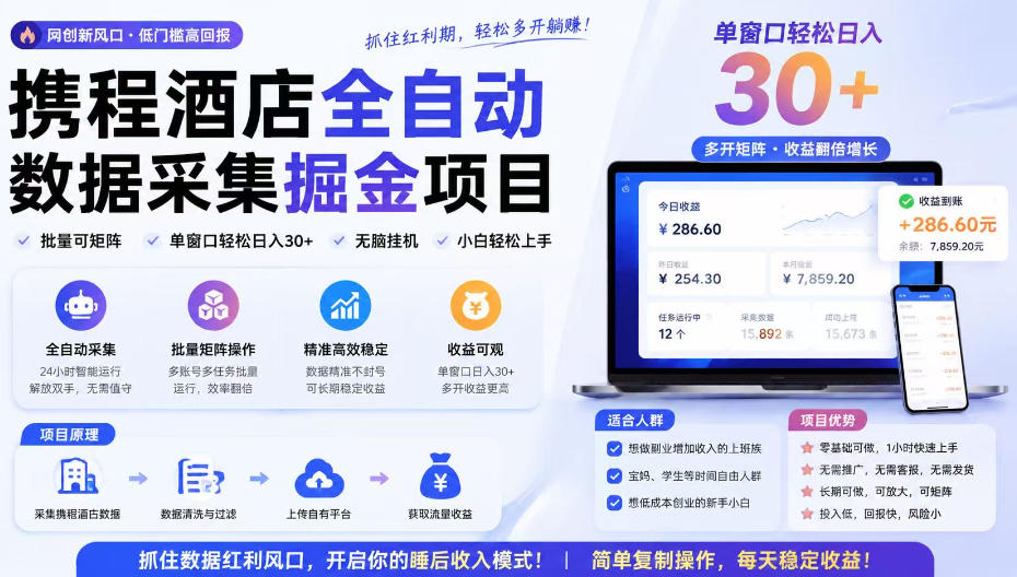 携程酒店采集挂G项目,批量可矩阵,单机轻松日入300+,开启你的睡后收入模式!【揭秘】-网赚副业网