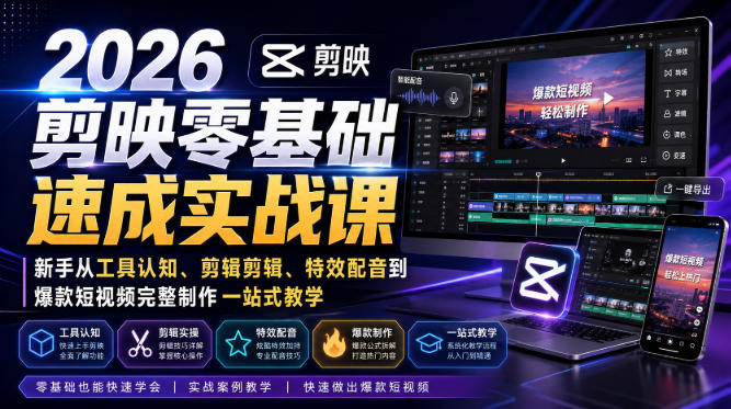2026剪映零基础速成实战课|新手从工具认知、剪辑剪辑、特效配音到爆款短视频完整制作一站式教学-网赚副业网