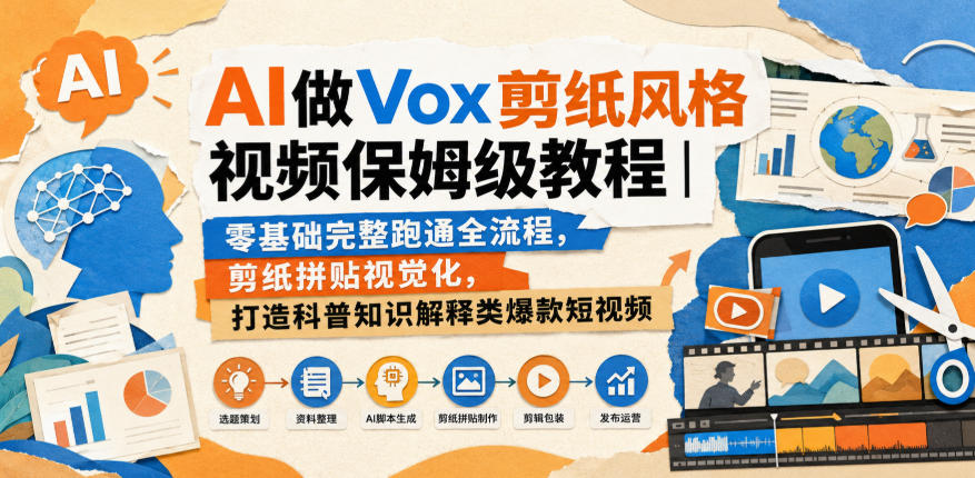 AI做Vox剪纸风格视频保姆级教程｜零基础完整跑通全流程，剪纸拼贴视觉化，打造科普知识解释类爆款短视频-网赚副业网