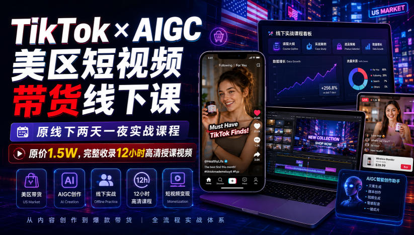 TikTok×AIGC美区短视频带货线下课,原线下两天一夜实战课程,原价1.5W,完整收录12小时高清授课视频-网赚副业网
