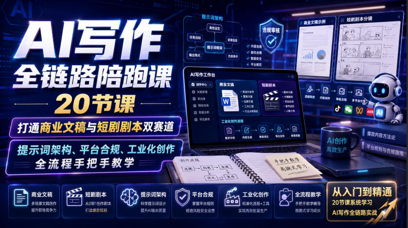 AI写作全链路陪跑课|20节课打通商业文稿与短剧剧本双赛道,提示词架构、平台合规、工业化创作全流程手把手教学插图 AI写作全链路陪跑课|20节课打通商业文稿与短剧剧本双赛道,提示词架构、平台合规、工业化创作全流程手把手教学插图
