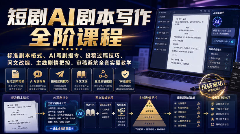 短剧AI剧本写作全阶课程|标准剧本格式、AI写剧指令、投稿过稿技巧、网文改编、主线剧情把控、审稿避坑全套实操教学-网赚副业网