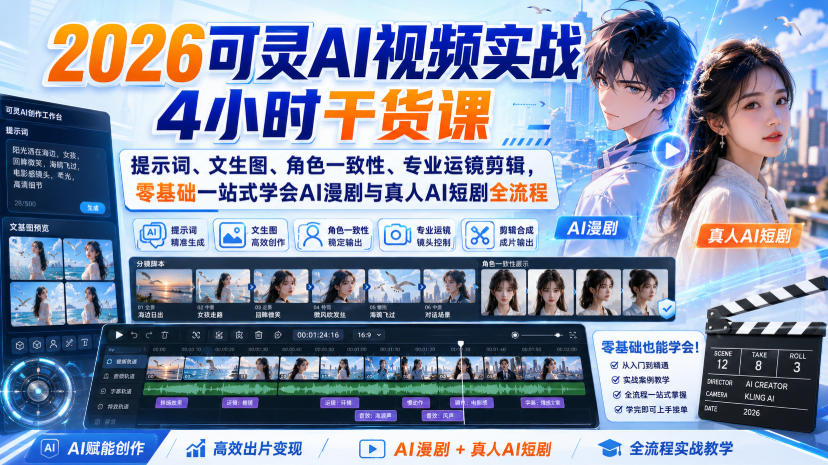 2026可灵AI视频实战4小时干货课|提示词、文生图、角色一致性、专业运镜剪辑,零基础一站式学会AI漫剧与真人AI短剧全流程-网赚副业网