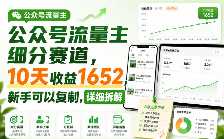 公众号流量主细分赛道,10天收益1652,新手可以复制,详细拆解-网赚副业网
