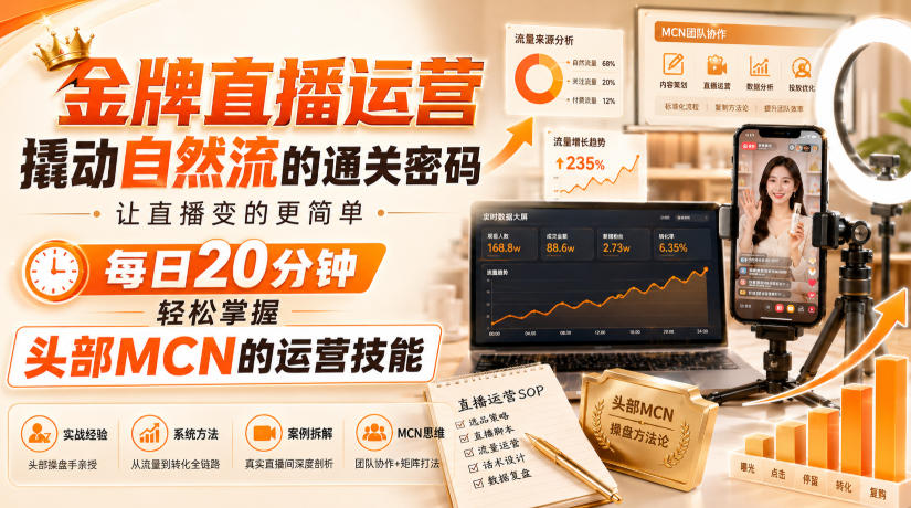 金牌直播运营撬动自然流的通关密码,让直播变的更简单,每日20分钟,轻松掌握头部MCN的运营技能-网赚副业网