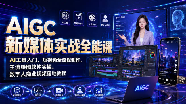 AIGC新媒体实战全能课|AI工具入门、短视频全流程制作、主流绘图软件实操、数字人商业视频落地教程-网赚副业网