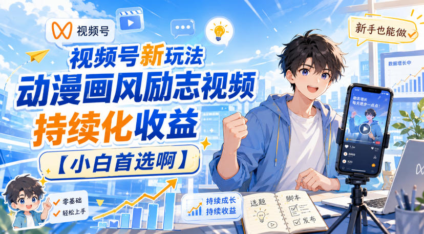 视频号新玩法动漫画风励志视频,持续化收益【小白首选啊】-网赚副业网