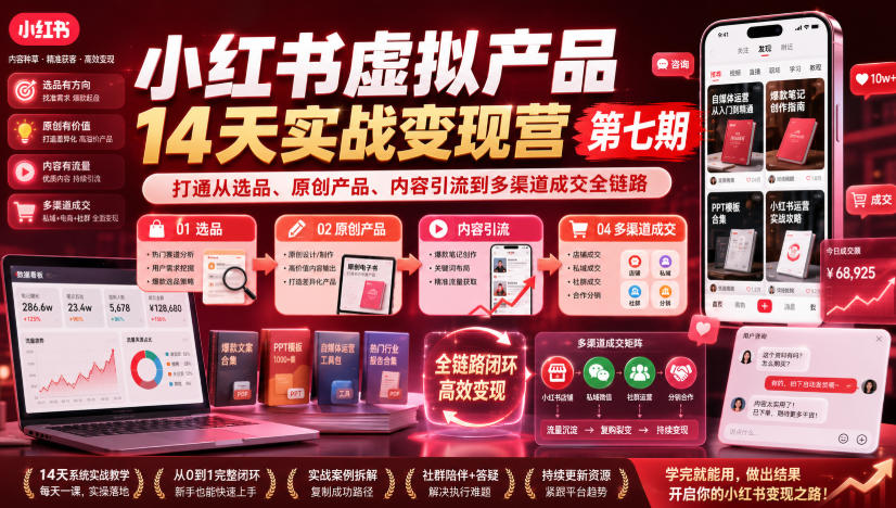 小红书虚拟产品14天实战变现营第七期,打通从选品、原创产品、内容引流到多渠道成交全链路-网赚副业网