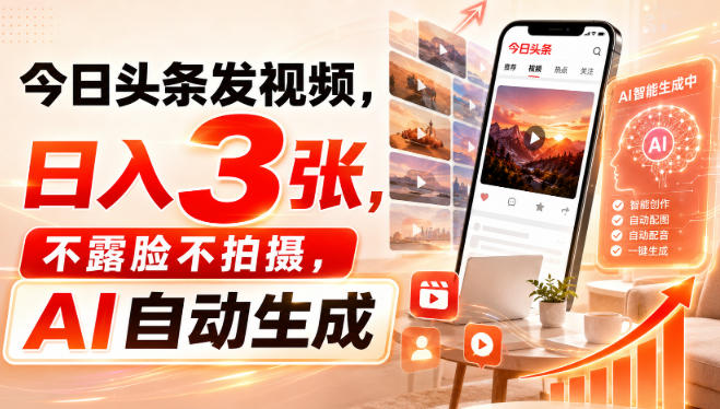 今日头条发视频,日入3张,不露脸不拍摄,AI自动生成-网赚副业网