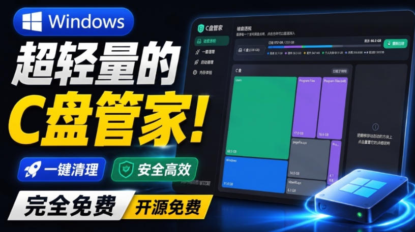 Windows超轻量的C盘管家!超级有特点,支持磁盘分析及清理提醒,2M大小体积,完全免费C盘管家-网赚副业网