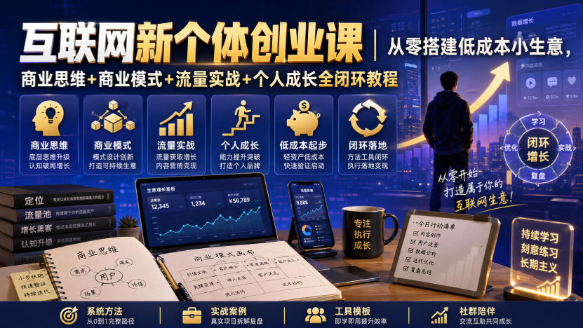 互联网新个体创业课｜从零搭建低成本小生意，商业思维+商业模式+流量实战+个人成长全闭环教程-网赚副业网