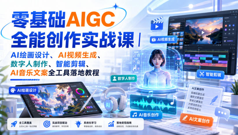 零基础AIGC全能创作实战课|AI绘画设计、AI视频生成、数字人制作、智能剪辑、AI音乐文案全工具落地教程-网赚副业网