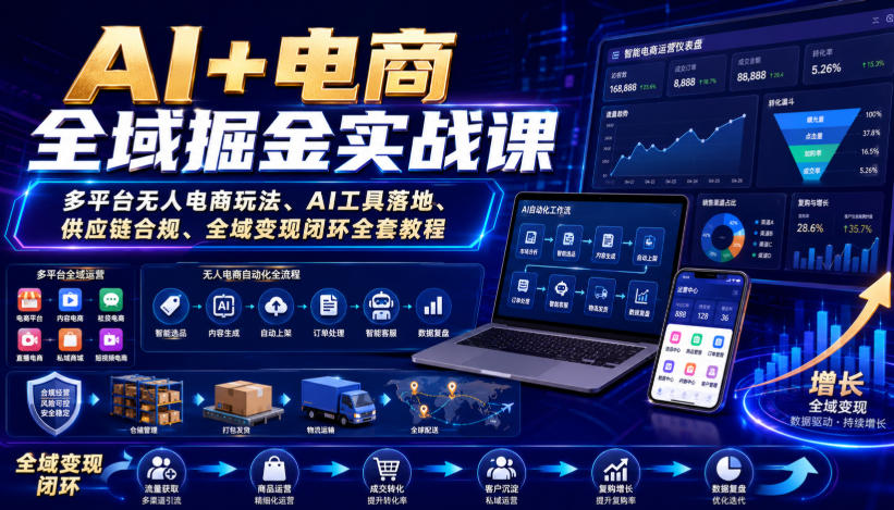 AI+电商全域掘金实战课｜多平台无人电商玩法、AI工具落地、供应链合规、全域变现闭环全套教程-网赚副业网