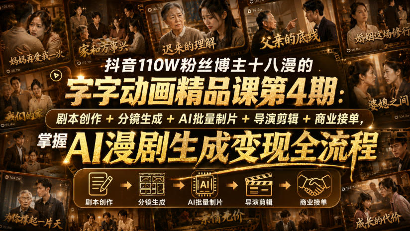 抖音110W粉丝博主十八漫的字字动画精品课第4期:剧本创作+分镜生成+剪辑+商业接单,掌握AI漫剧生成变现全流程插图 抖音110W粉丝博主十八漫的字字动画精品课第4期:剧本创作+分镜生成+剪辑+商业接单,掌握AI漫剧生成变现全流程插图