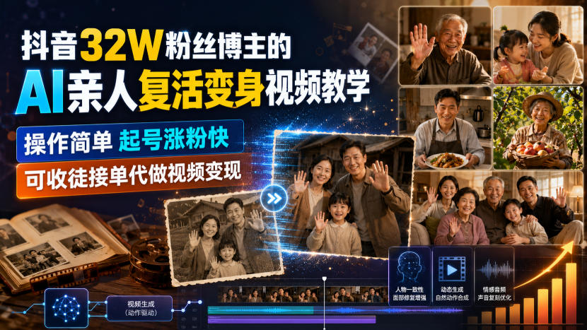 抖音32W粉丝博主的AI亲人复活变身视频教学,操作简单,起号涨粉快,可收徒接单代做视频变现-网赚副业网
