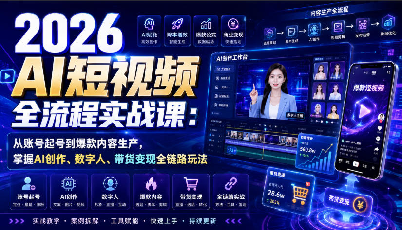 2026 AI短视频全流程实战课:从账号起号到爆款内容生产,掌握AI创作、数字人、带货变现全链路玩法-网赚副业网