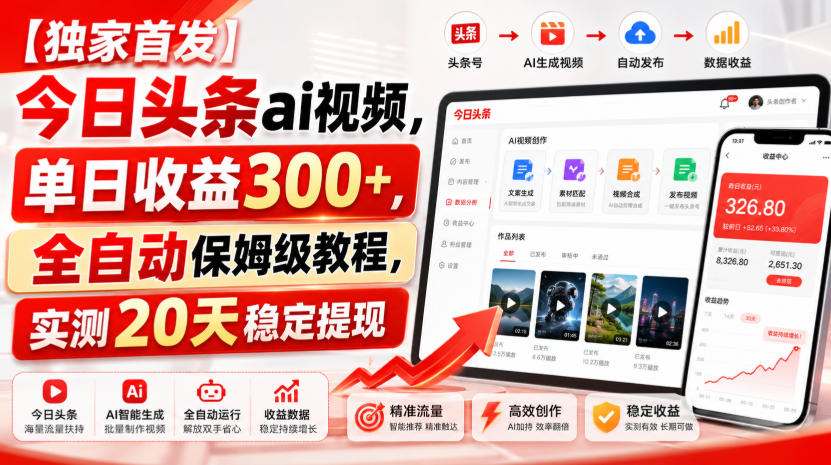 【独家首发】今日头条ai视频,单日收益300+,全自动保姆级教程,实测20天稳定提现【揭秘】插图 【独家首发】今日头条ai视频,单日收益300+,全自动保姆级教程,实测20天稳定提现【揭秘】插图