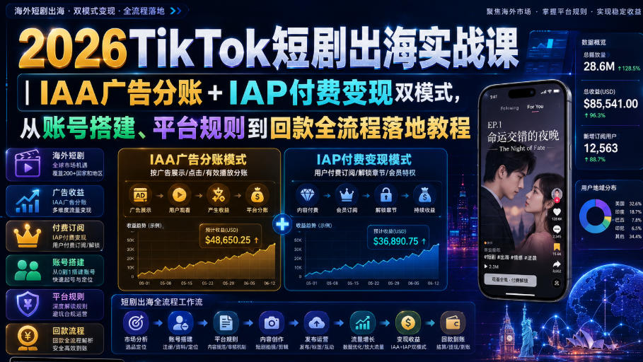2026TikTok短剧出海实战课|IAA广告分账+IAP付费变现双模式,从账号搭建、平台规则到回款全流程落地教程插图 2026TikTok短剧出海实战课|IAA广告分账+IAP付费变现双模式,从账号搭建、平台规则到回款全流程落地教程插图