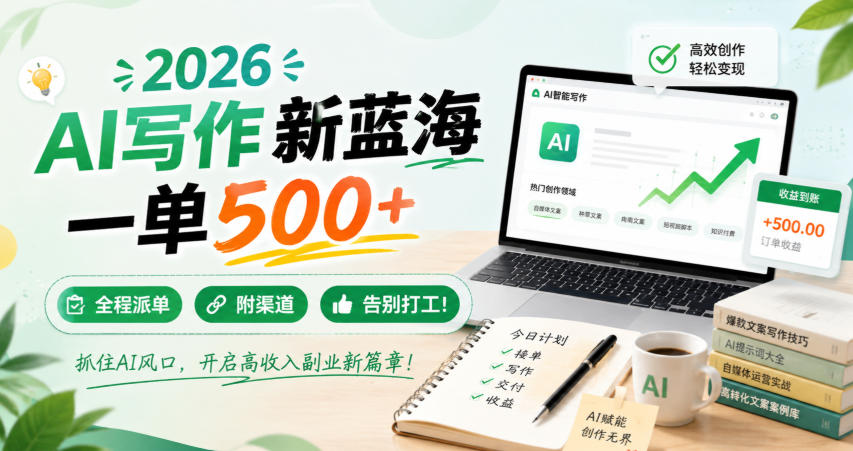 2026 AI写作新蓝海,一单500+,全程派单,附渠道,告别打工!【揭秘】-网赚副业网
