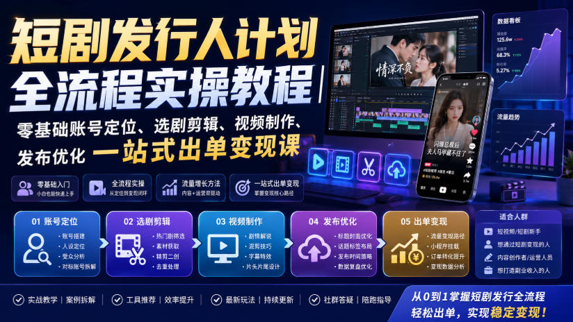 短剧发行人计划全流程实操教程|零基础账号定位、选剧剪辑、视频制作、发布优化一站式出单变现课-网赚副业网