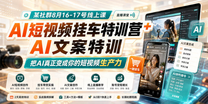 某社群8月16-17号线上课,AI短视频挂车特训营+AI文案特训,把AI真正变成你的短视频生产力-网赚副业网