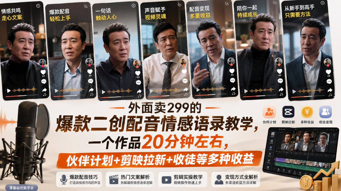 外面卖299的爆款二创配音情感语录教学,一个作品20分钟左右,伙伴计划+剪映拉新+收徒等多种收益-网赚副业网