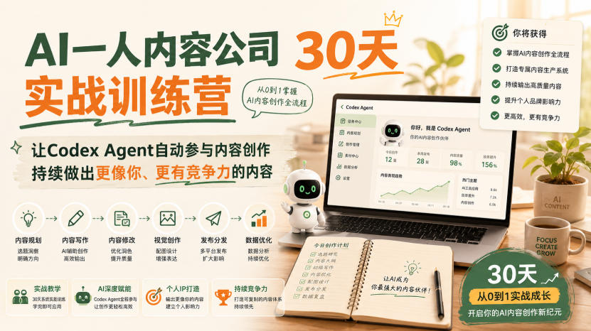 AI一人内容公司30天实战训练营,让Codex Agent自动参与内容创作持续做出更像你、更有竞争力的内容-网赚副业网