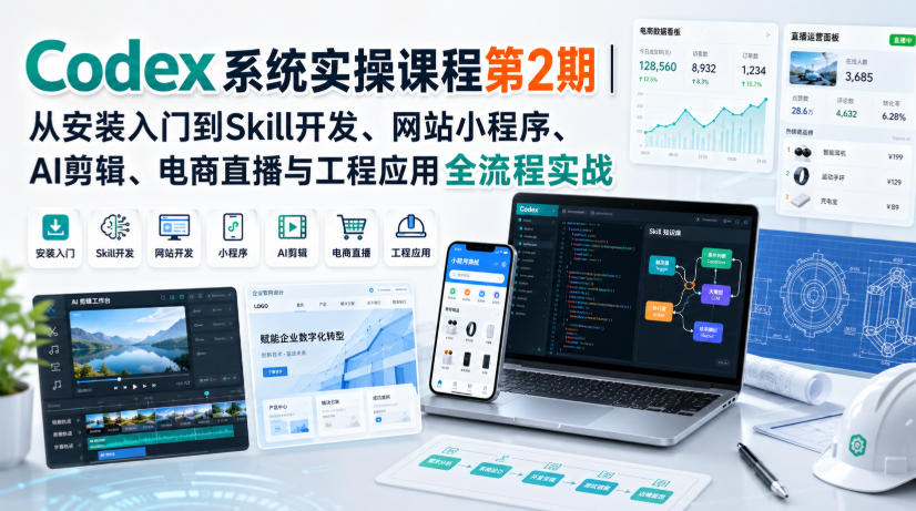 Codex系统实操课程第2期|从安装入门到Skill开发、网站小程序、AI剪辑、电商直播与工程应用全流程实战插图 Codex系统实操课程第2期|从安装入门到Skill开发、网站小程序、AI剪辑、电商直播与工程应用全流程实战插图