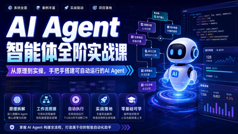 AI Agent智能体全阶实战课,从原理到实操,手把手搭建可自动运行的AI Agent-网赚副业网