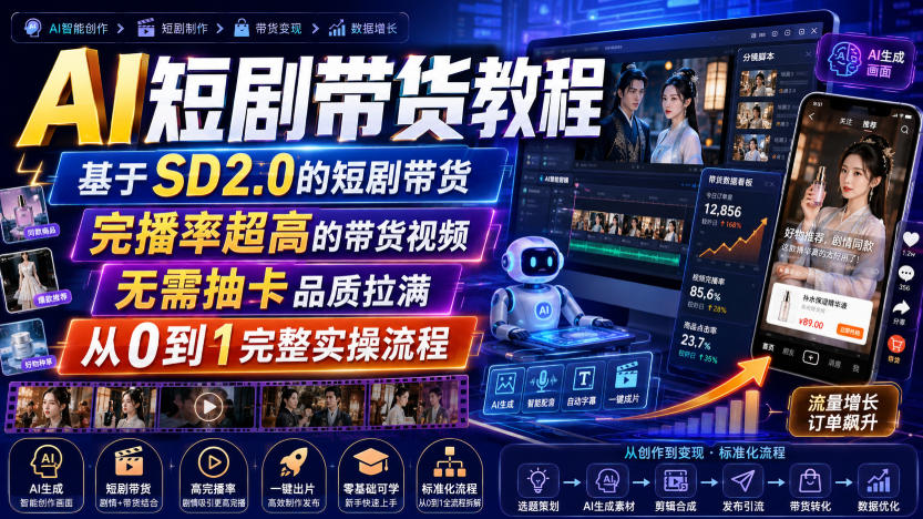 AI短剧带货教程，基于SD2.0的短剧带货，完播率超高的带货视频，无需抽卡品质拉满，从0到1完整实操流程-网赚副业网