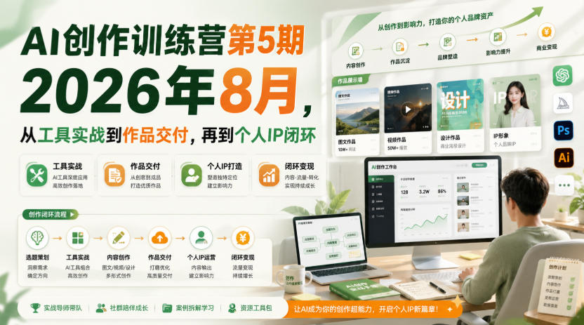 AI创作训练营第5期2026年8月,从工具实战到作品交付,再到个人IP闭环-网赚副业网