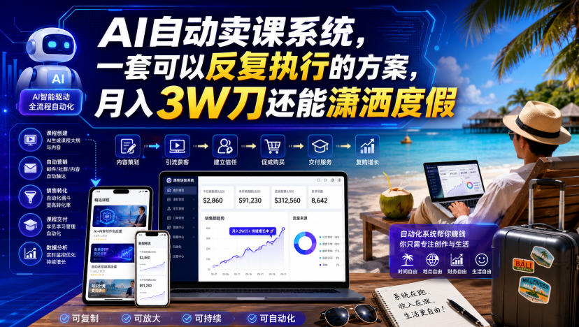 AI自动卖课系统,一套可以反复执行的方案,月入3W刀还能潇洒度假【原创双语字幕】插图 AI自动卖课系统,一套可以反复执行的方案,月入3W刀还能潇洒度假【原创双语字幕】插图