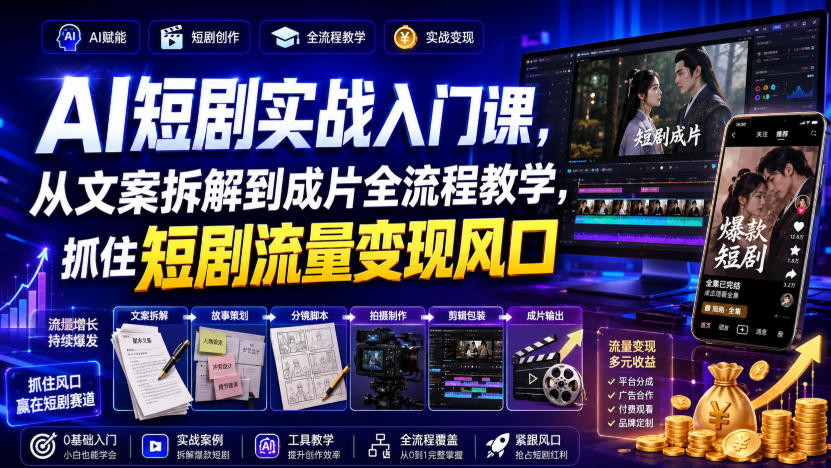 AI短剧实战入门课,从文案拆解到成片全流程教学,抓住短剧流量变现风口-网赚副业网