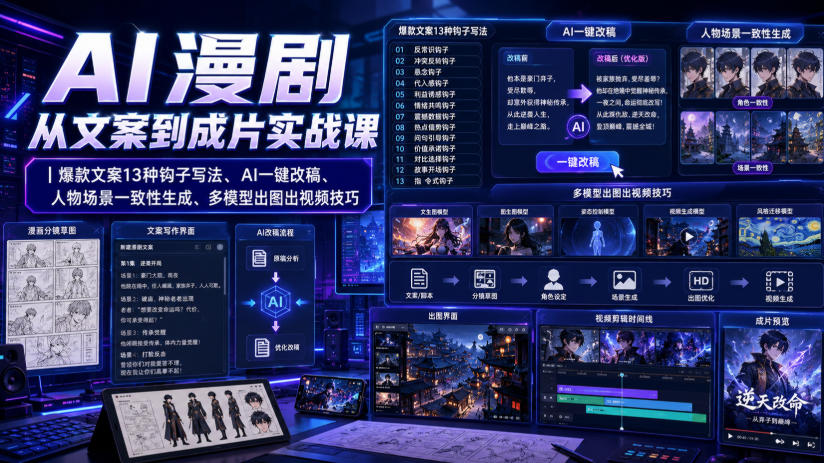 AI漫剧从文案到成片实战课|爆款文案13种钩子写法、AI一键改稿、人物场景一致性生成、多模型出图出视频技巧插图 AI漫剧从文案到成片实战课|爆款文案13种钩子写法、AI一键改稿、人物场景一致性生成、多模型出图出视频技巧插图