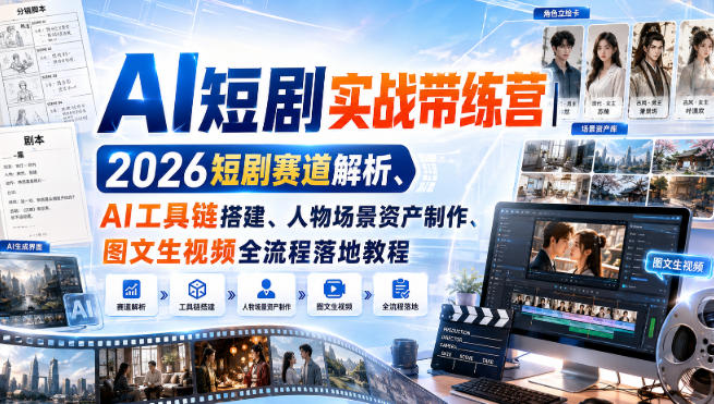 AI短剧实战带练营|2026短剧赛道解析、AI工具链搭建、人物场景资产制作、图文生视频全流程落地教程插图 AI短剧实战带练营|2026短剧赛道解析、AI工具链搭建、人物场景资产制作、图文生视频全流程落地教程插图