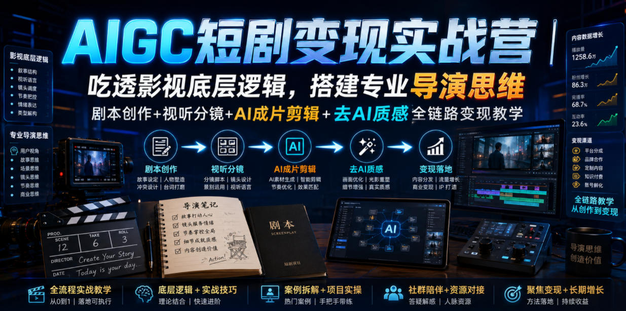AIGC短剧变现实战营|吃透影视底层逻辑,搭建专业导演思维,剧本创作+视听分镜+AI成片剪辑+去AI质感全链路变现教学插图 AIGC短剧变现实战营|吃透影视底层逻辑,搭建专业导演思维,剧本创作+视听分镜+AI成片剪辑+去AI质感全链路变现教学插图