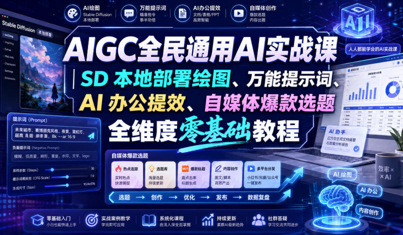 AIGC全民通用AI实战课|SD本地部署绘图、万能提示词、AI办公提效、自媒体爆款选题全维度零基础教程-网赚副业网