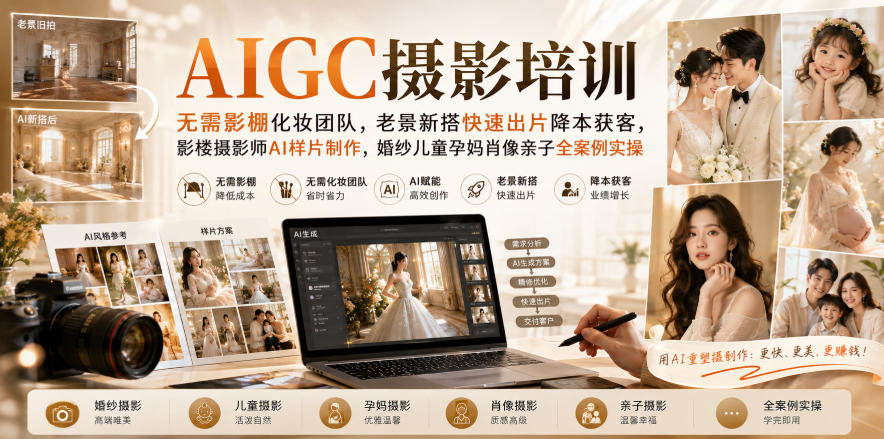 AIGC摄影培训｜无需影棚化妆团队，老景新搭快速出片降本获客，影楼摄影师AI样片制作，婚纱儿童孕妈肖像亲子全案例实操-网赚副业网