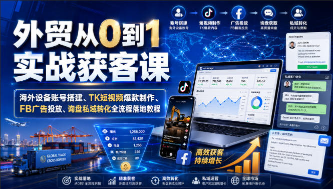 外贸从0到1实战获客课|海外设备账号搭建、TK短视频爆款制作、FB广告投放、询盘私域转化全流程落地教程-网赚副业网