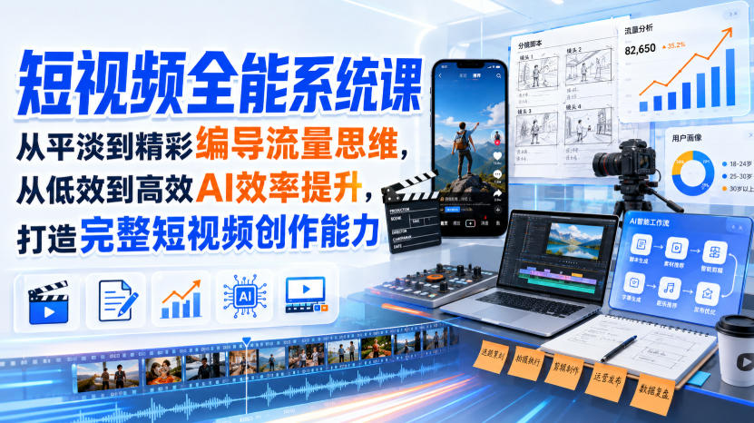 短视频全能系统课,从平淡到精彩编导流量思维,从低效到高效AI效率提升,打造完整短视频创作能力(2026年8月30更新233集)-网赚副业网