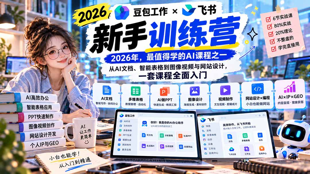 (20645期)2026豆包工作+飞书新手训练营-9月新课:从AI文档、智能表格到图像视频与网站设计,一套课程全面入门插图1 (20645期)2026豆包工作+飞书新手训练营-9月新课:从AI文档、智能表格到图像视频与网站设计,一套课程全面入门插图1