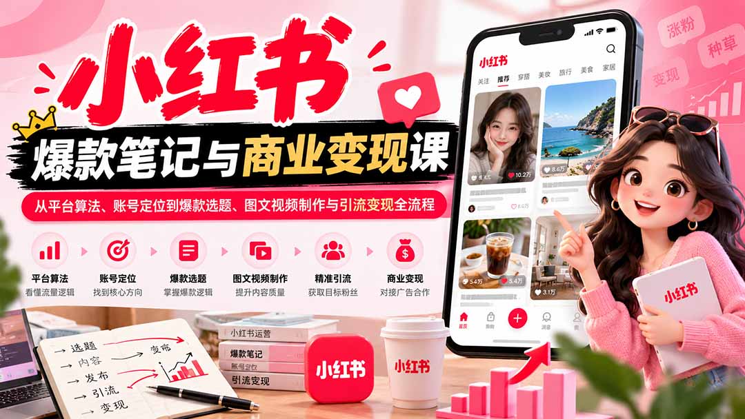 (20709期)2026小红书爆款笔记与商业变现课:从平台算法、账号定位到爆款选题、图文视频制作与引流变现全流程-网赚副业网