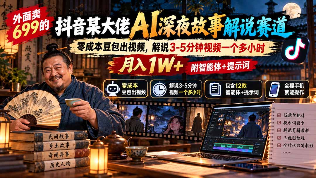 (20648期)外面卖699的抖音某大佬AI深夜故事解说赛道:零成本豆包出视频,解说3-5分钟视频一个多小时,月入1W+附智能体+提示词插图1 (20648期)外面卖699的抖音某大佬AI深夜故事解说赛道:零成本豆包出视频,解说3-5分钟视频一个多小时,月入1W+附智能体+提示词插图1