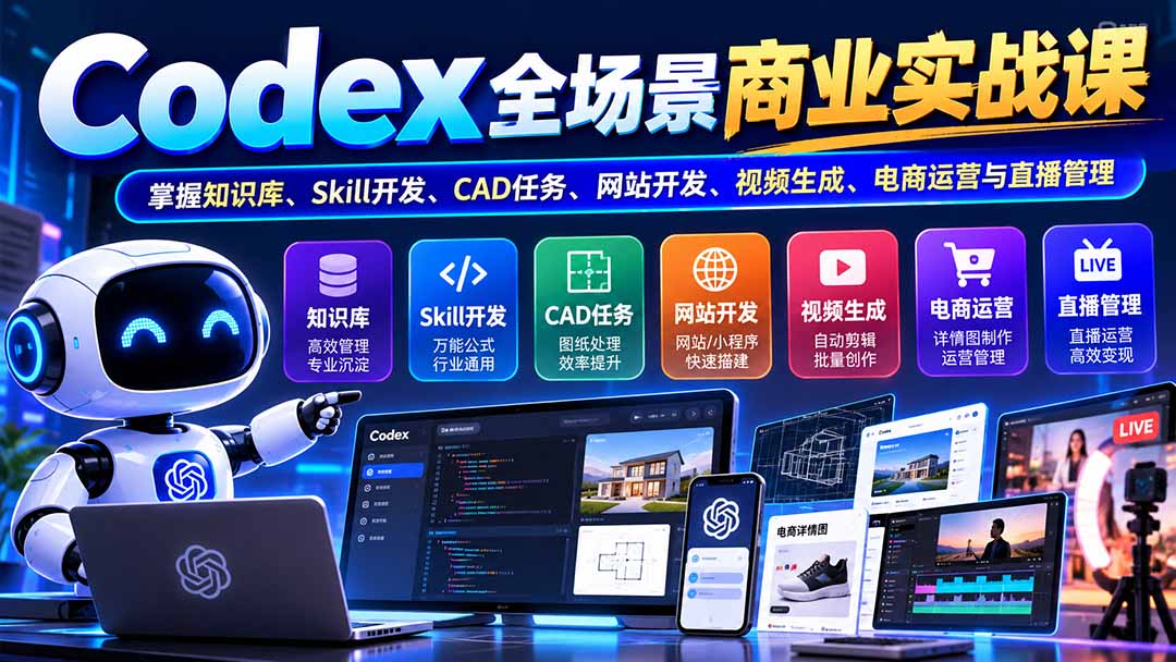 (20712期)【无水印】Codex全场景商业实战课:掌握知识库、Skill开发、CAD任务、网站开发、视频生成、电商运营与直播管理-网赚副业网